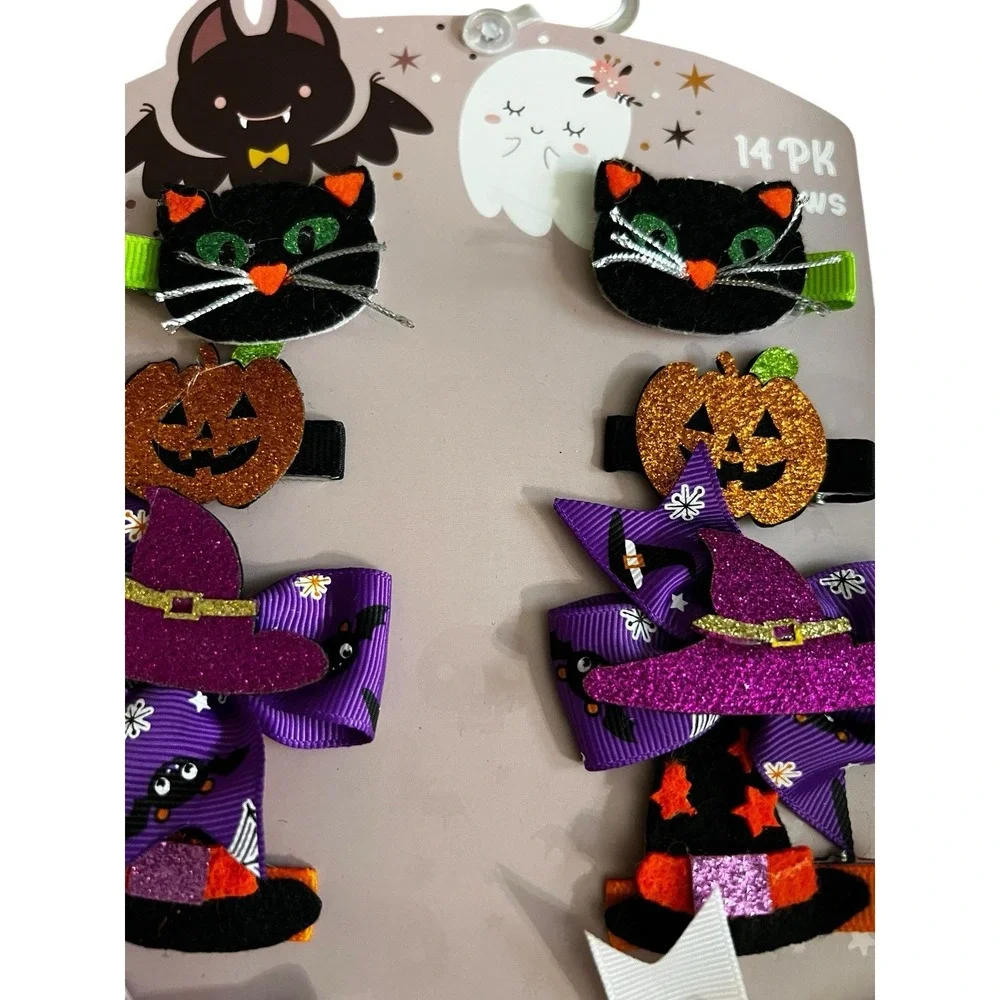 Halloween Hair Bows 14-Pack Girls Clips Bats Ghosts Pumpkins Cats Witches Cute!!
